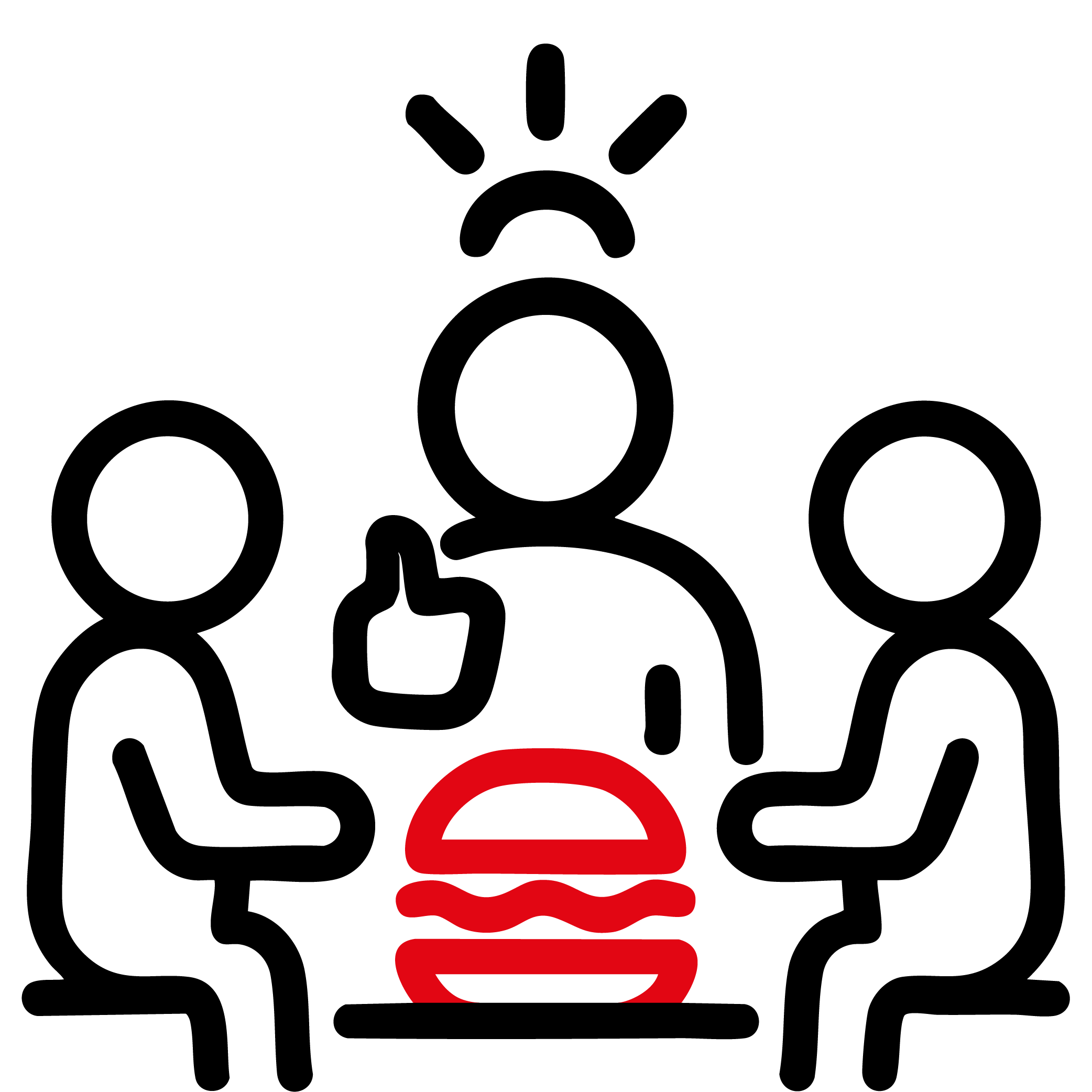 Conviviali Un'icona nera di tre persone sedute che condividono un hamburger (icona rossa)